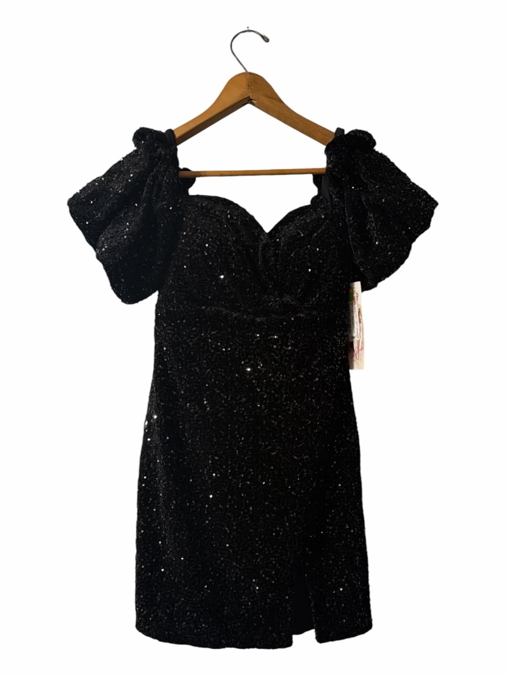 Glam Honey and Rosie Black Sequin Puff Sleeve Mini Dress S NWT